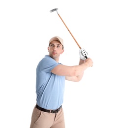 Young man playing golf on white background