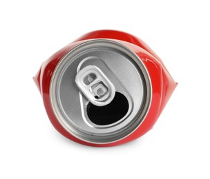 Photo of Red crumpled can with ring isolated on white