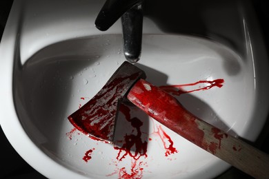 Photo of Axe with blood in sink, above view