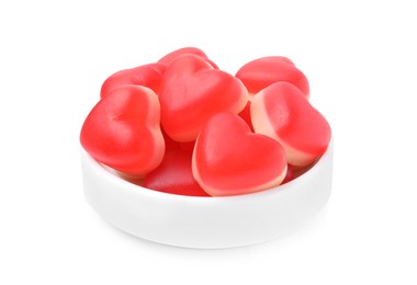 Photo of Bowl with sweet heart shaped jelly candies isolated on white