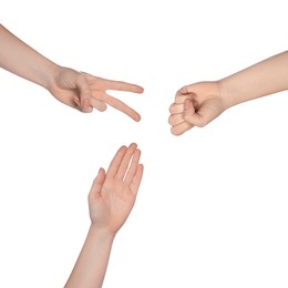Image of People playing rock, paper and scissors on white background, top view