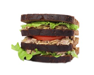 Photo of Delicious sandwich with tuna, tomatoes and lettuce on white background