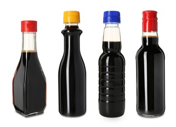 Image of Soy sauce in bottles isolated on white, set