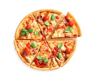 Photo of Delicious pizza with tomatoes and sausages on white background