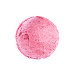Photo of Scoop of delicious pink ice cream isolated on white, top view
