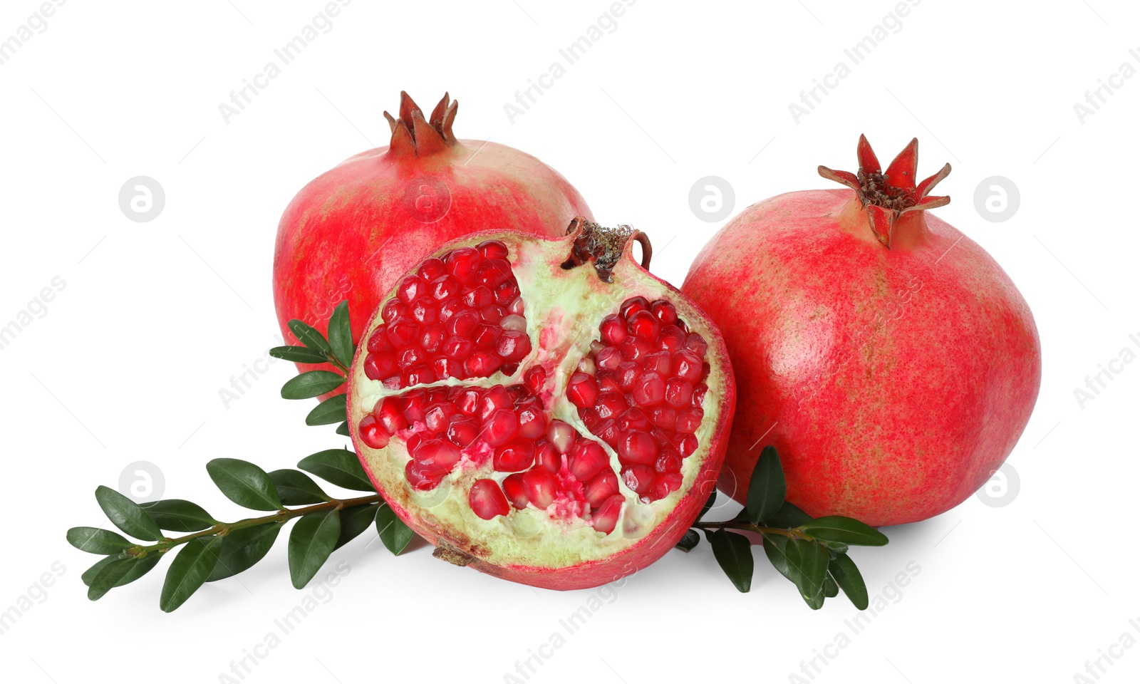 Photo of Fresh pomegranates and branches isolated on white