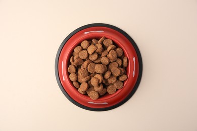 Photo of Dry dog food in feeding bowl on beige background, top view