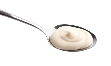 Photo of Spoon with tasty mayonnaise isolated on white