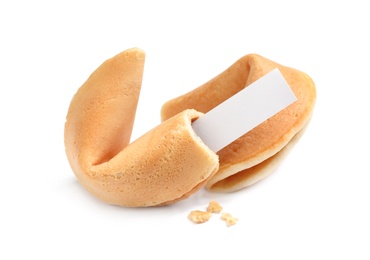 Photo of Traditional fortune cookies with prediction on white background