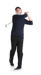 Photo of Senior man playing golf on white background