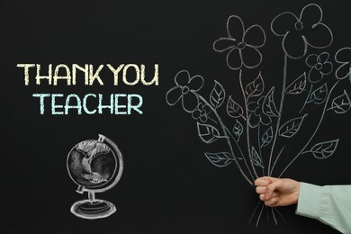 Image of Woman near blackboard with drawn bouquet, globe and phrase Thank You Teacher, closeup