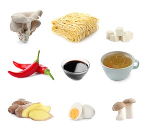 Image of Set with tasty ingredients for ramen on white background