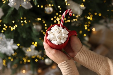 Photo of Woman holding cup of delicious Christmas cocoa with marshmallows and candy cane near fir tree, above view