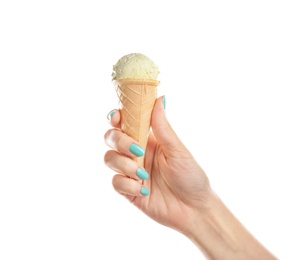 Photo of Woman holding yummy ice cream on white background. Focus on hand