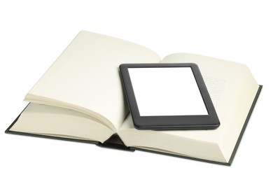 Photo of Open hardcover book and modern e-book isolated on white