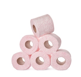 Photo of Rolls of toilet paper on white background