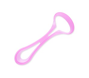Photo of One pink tongue cleaner isolated on white, top view. Dental care