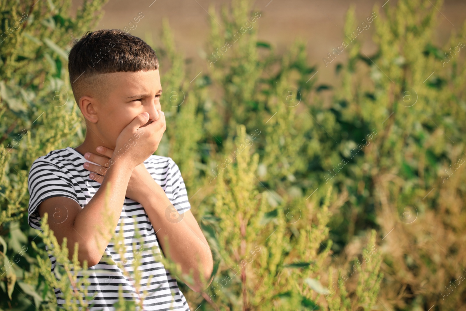 Photo of Little boy suffering from ragweed allergy outdoors