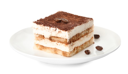 Photo of Plate of tiramisu cake isolated on white