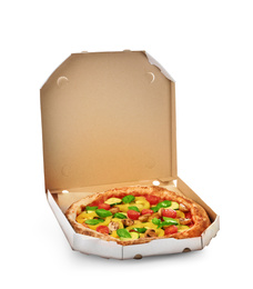 Image of Hot tasty vegetable pizza in cardboard box on white background. Image for menu or poster