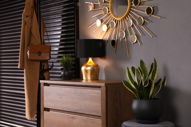 Photo of Wooden chest of drawers with decor, coat stand and mirror in hallway. Interior design