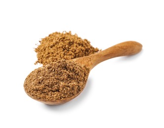 Photo of Spoon and aromatic caraway (Persian cumin) powder isolated on white