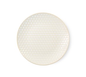 Photo of One clean ceramic plate isolated on white, top view