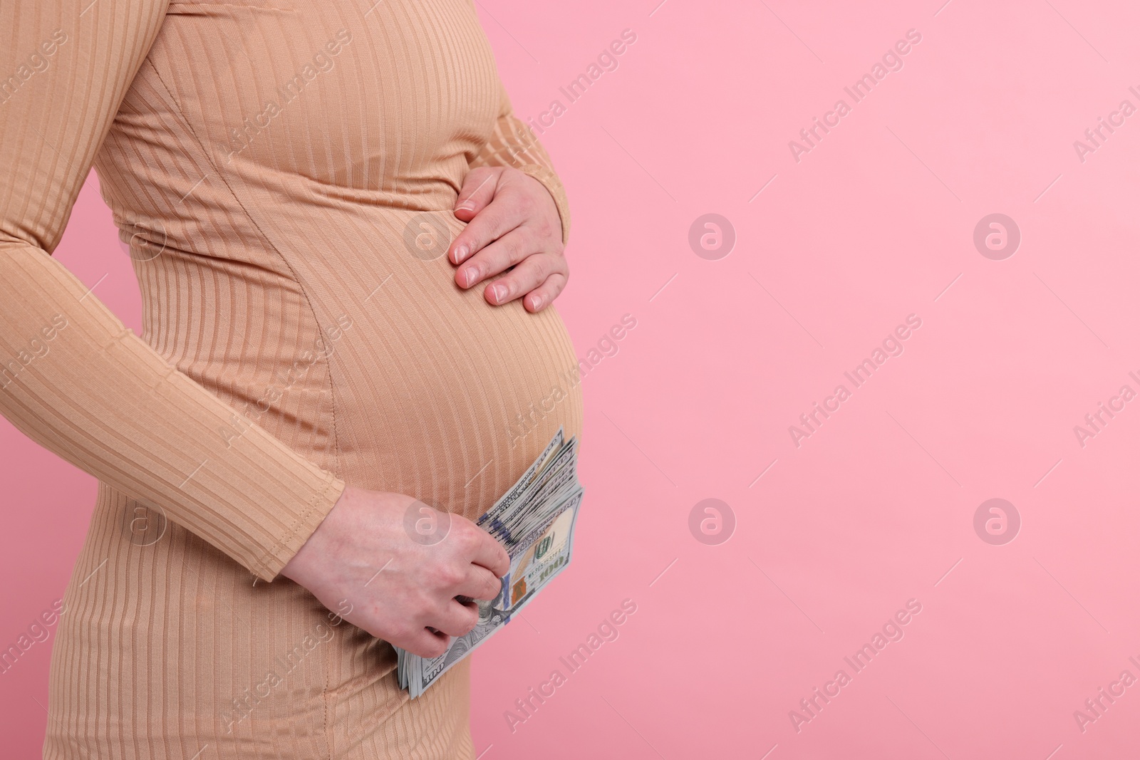 Photo of Surrogate mother. Pregnant woman with dollar banknotes on pink background, closeup. Space for text