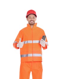 Man in reflective uniform with phone on white background