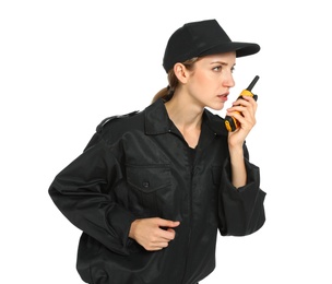 Photo of Female security guard in uniform using portable radio transmitter on white background