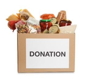 Photo of Donation box full of different products on white background