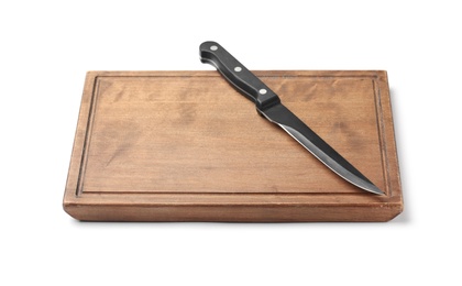 Photo of Fillet knife and wooden board isolated on white