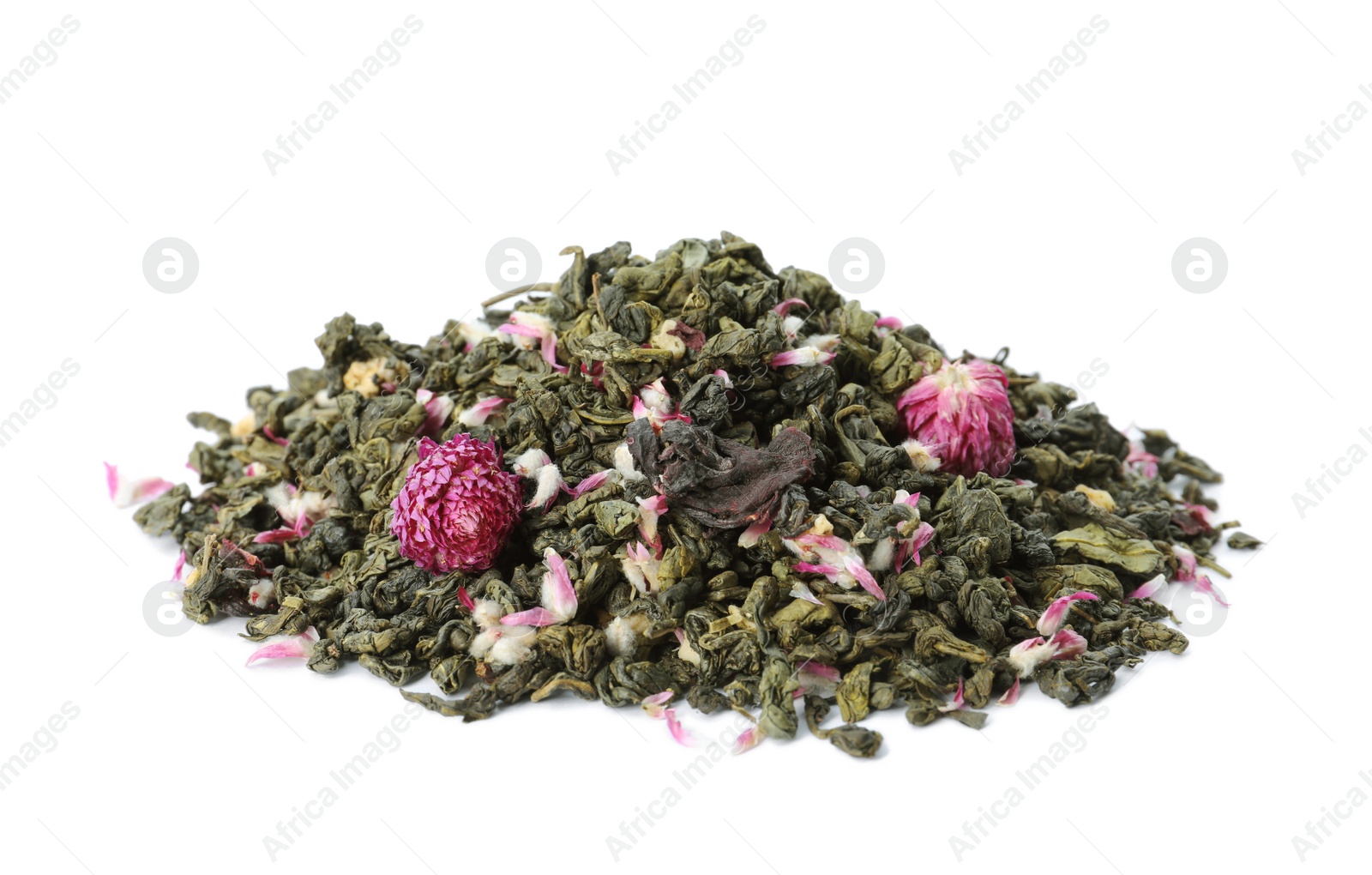 Photo of Pile of aromatic herbal tea isolated on white