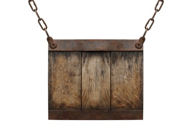 One wooden signboard hanging on metal chain against white background. Space for text