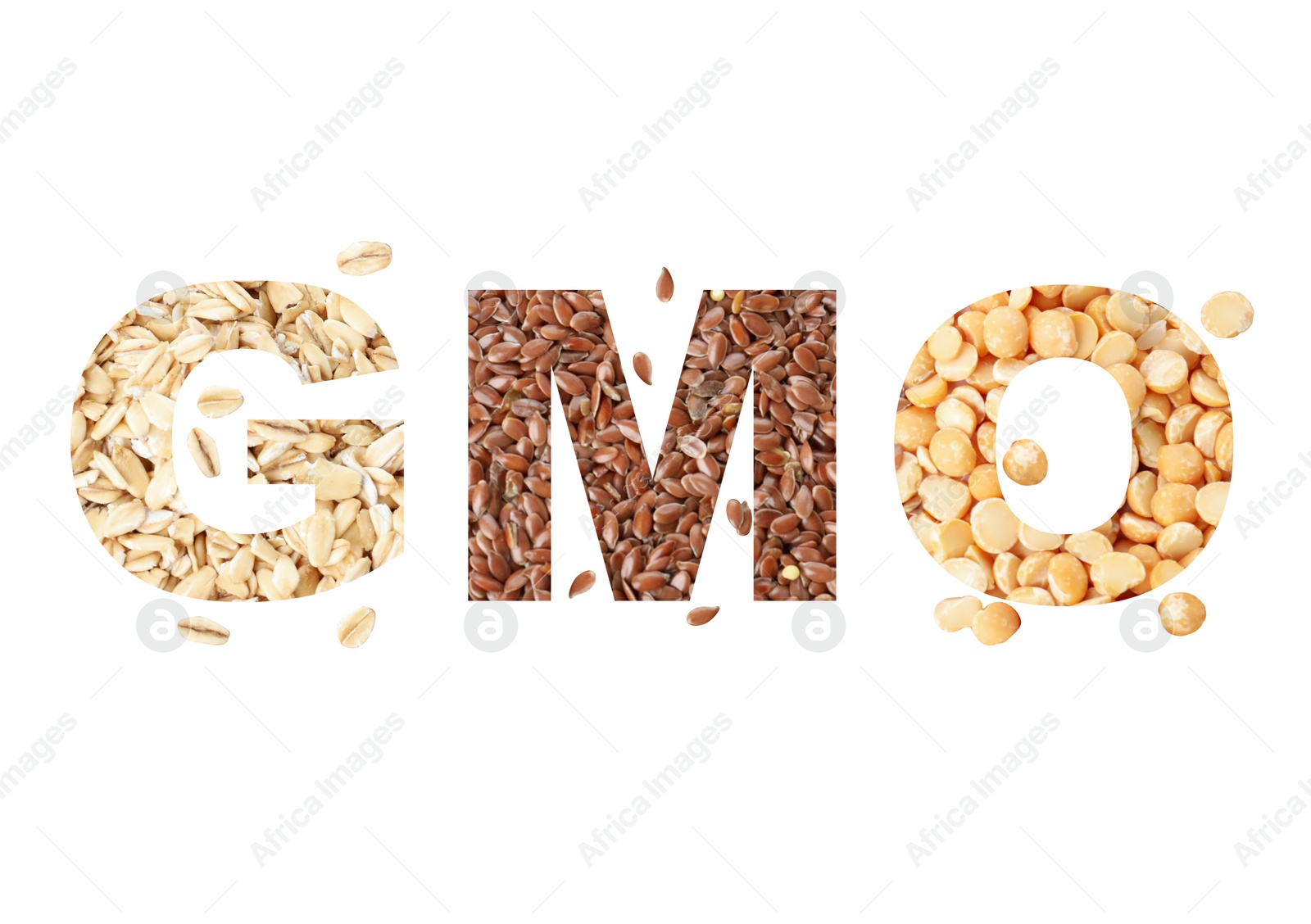 Image of Abbreviation GMO made of cereal and different seeds on white background