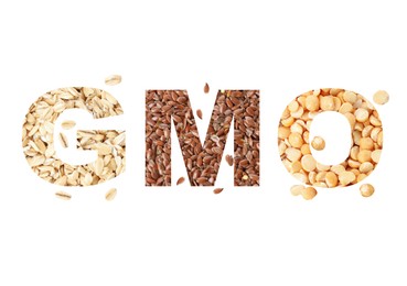 Image of Abbreviation GMO made of cereal and different seeds on white background