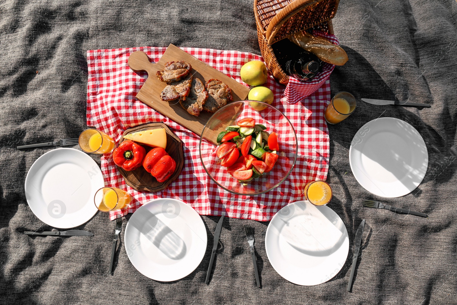 Photo of Food served for summer picnic on blanket outdoors, top view