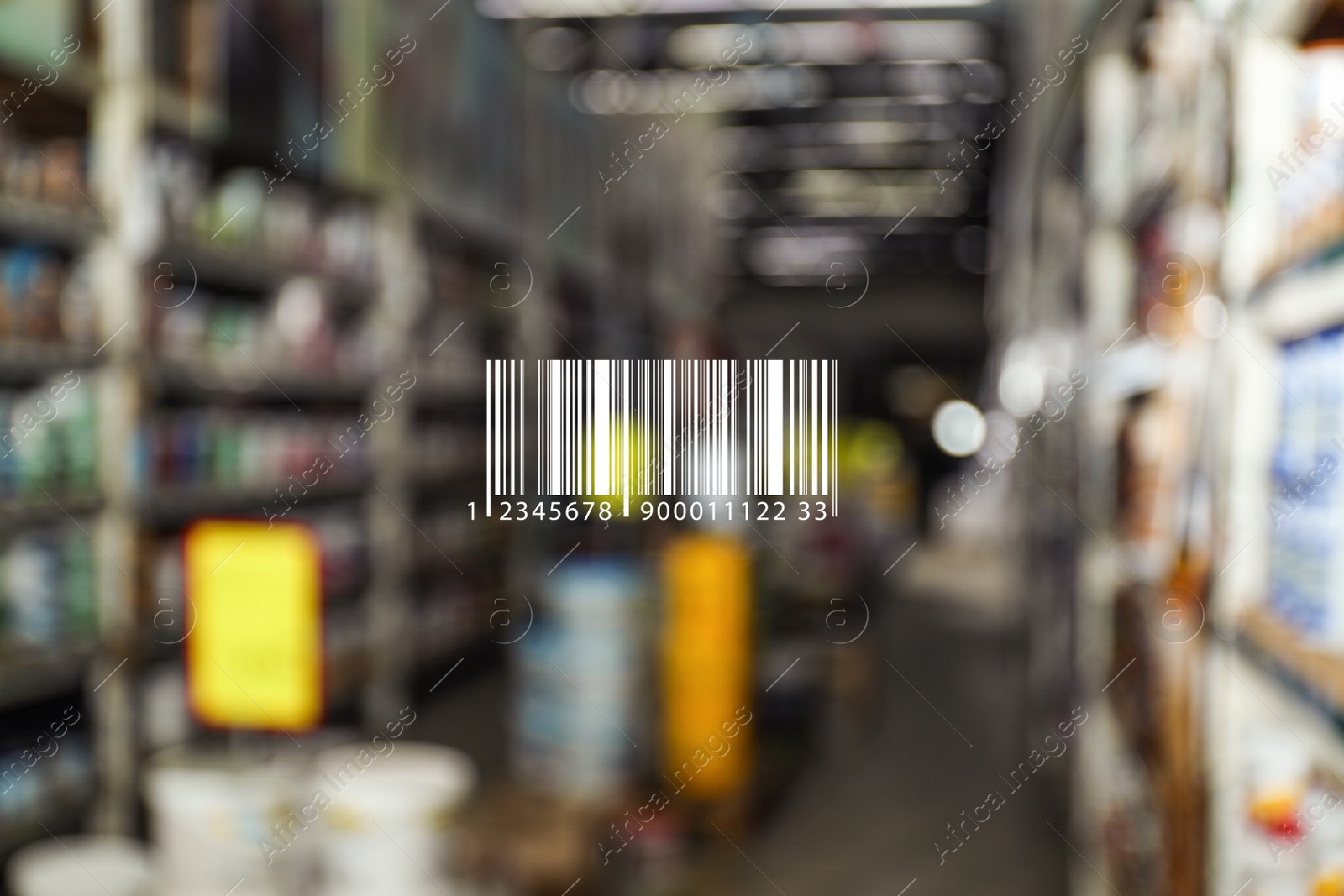 Image of Barcode and blurred view of modern wholesale warehouse