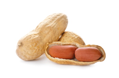 Raw peanuts on white background. Healthy snack
