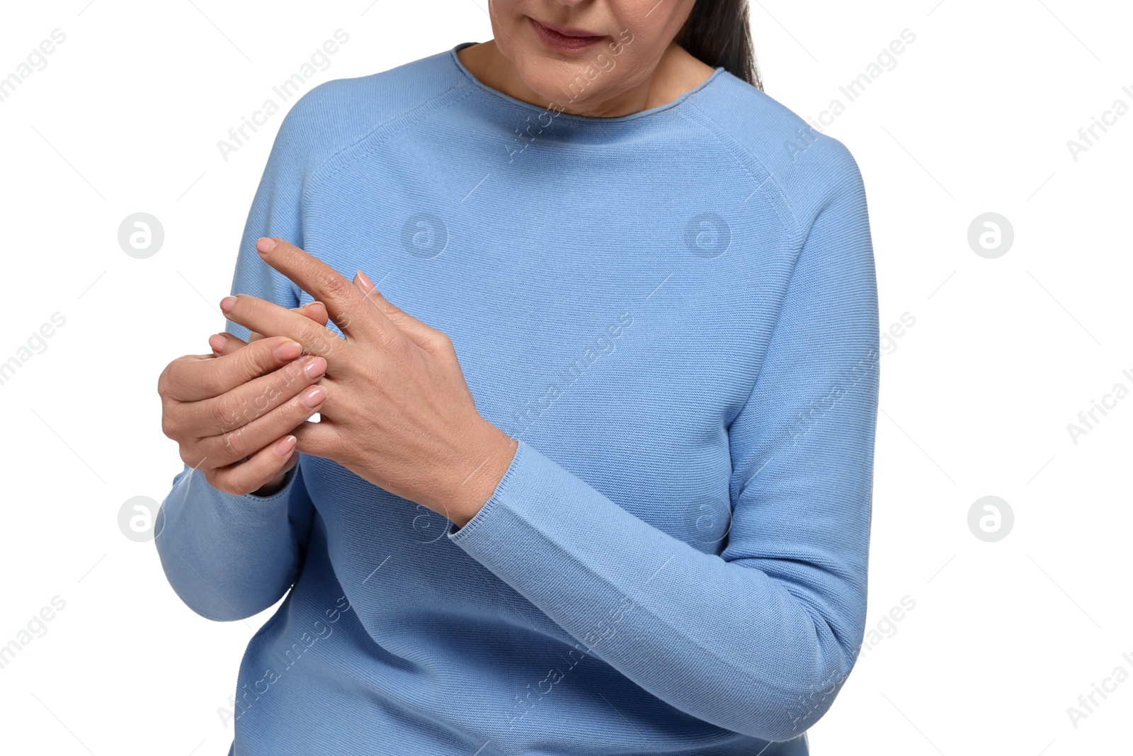 Photo of Arthritis symptoms. Woman suffering from pain in fingers on white background, closeup