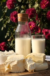 Tasty homemade butter and dairy products on white wooden table outdoors