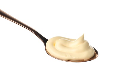 Photo of Spoon with tasty mayonnaise isolated on white