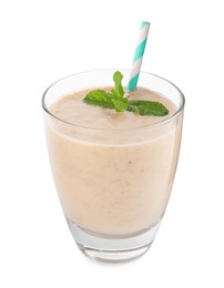 Glass with banana smoothie on white background