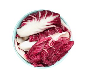 Photo of Leaves of ripe radicchio in bowl on white background, top view