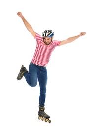 Photo of Young man with inline roller skates on white background