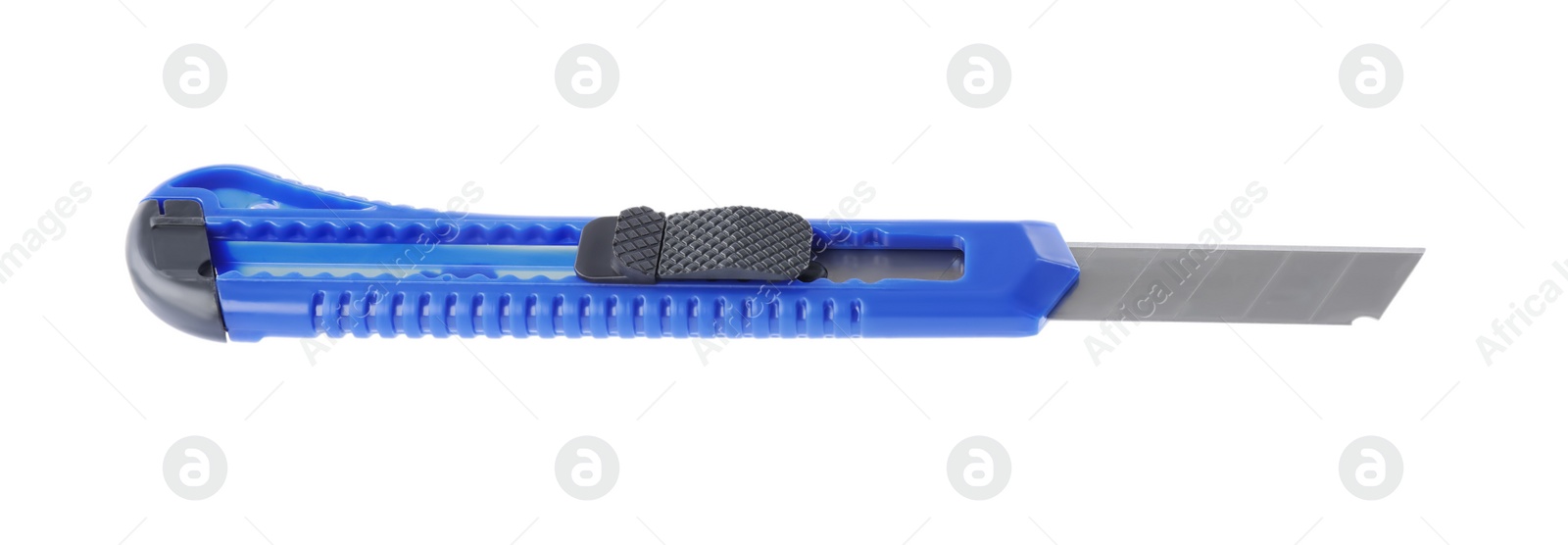 Photo of Blue utility knife isolated on white. Construction tool