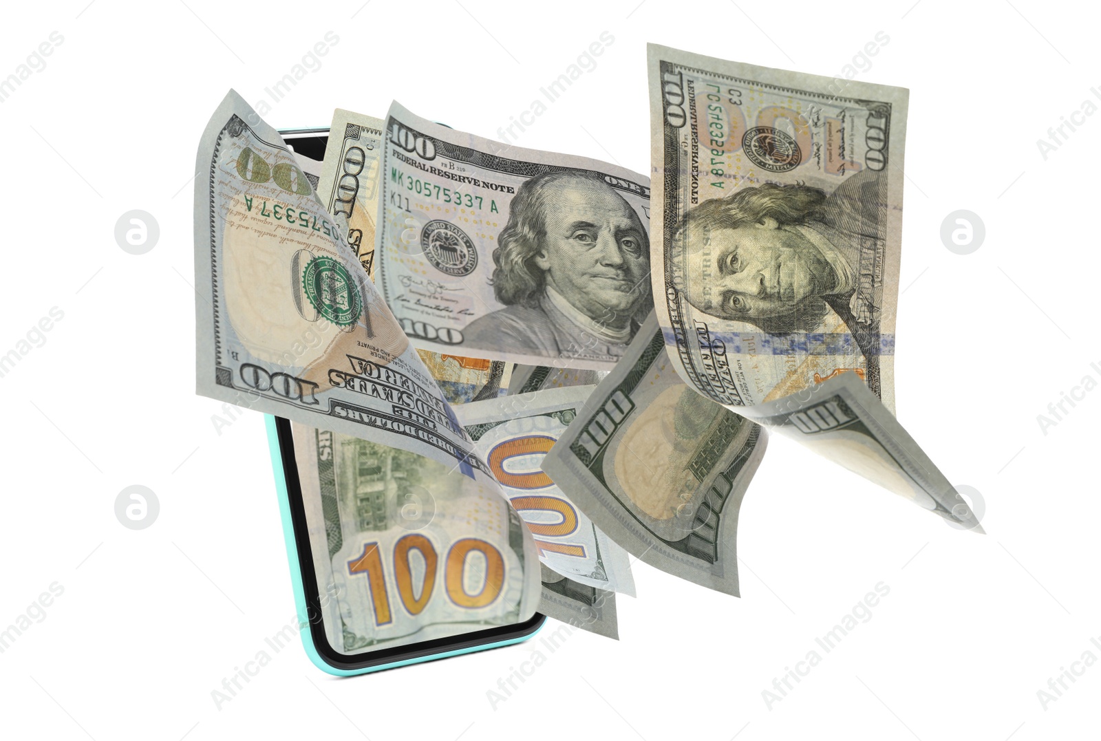 Image of Dollar banknotes and modern smartphone on white background