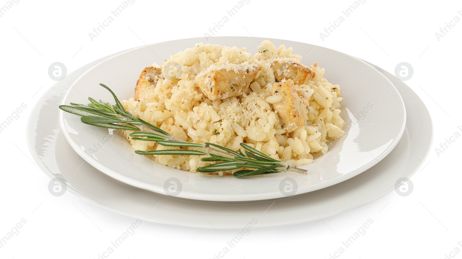 Photo of Delicious chicken risotto with rosemary isolated on white