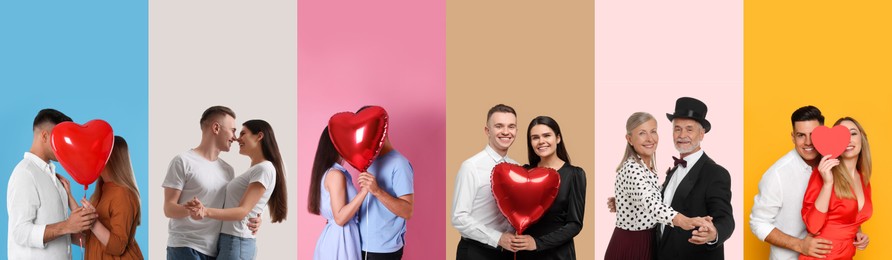 Romantic date. Different lovely couples on color backgrounds, set of photos