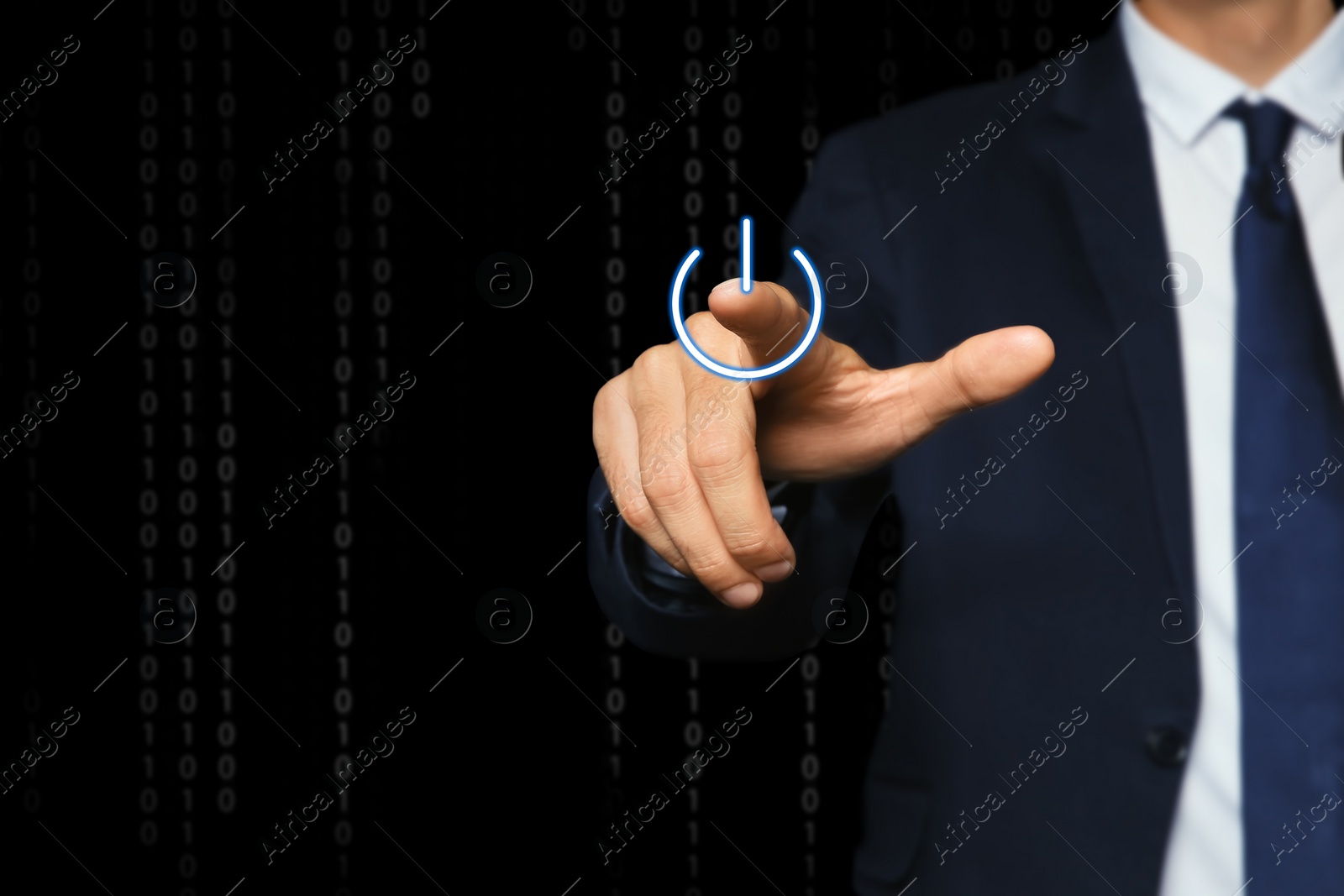 Image of  Man pressing power button on virtual screen, closeup 